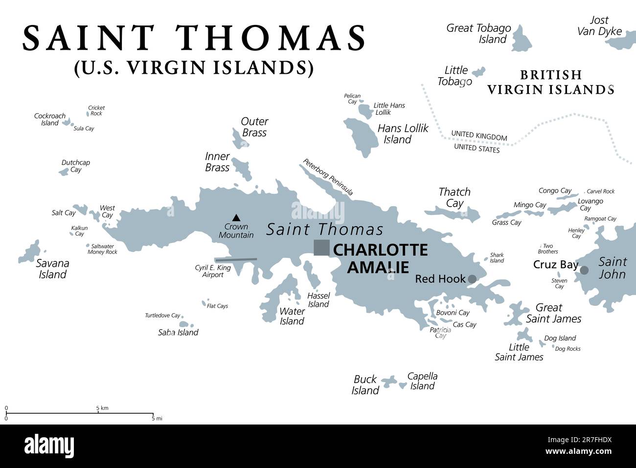 St. Thomas, amerikanische Jungferninseln, graue politische Karte. Eine der drei größten Inseln der USVI. Stockfoto