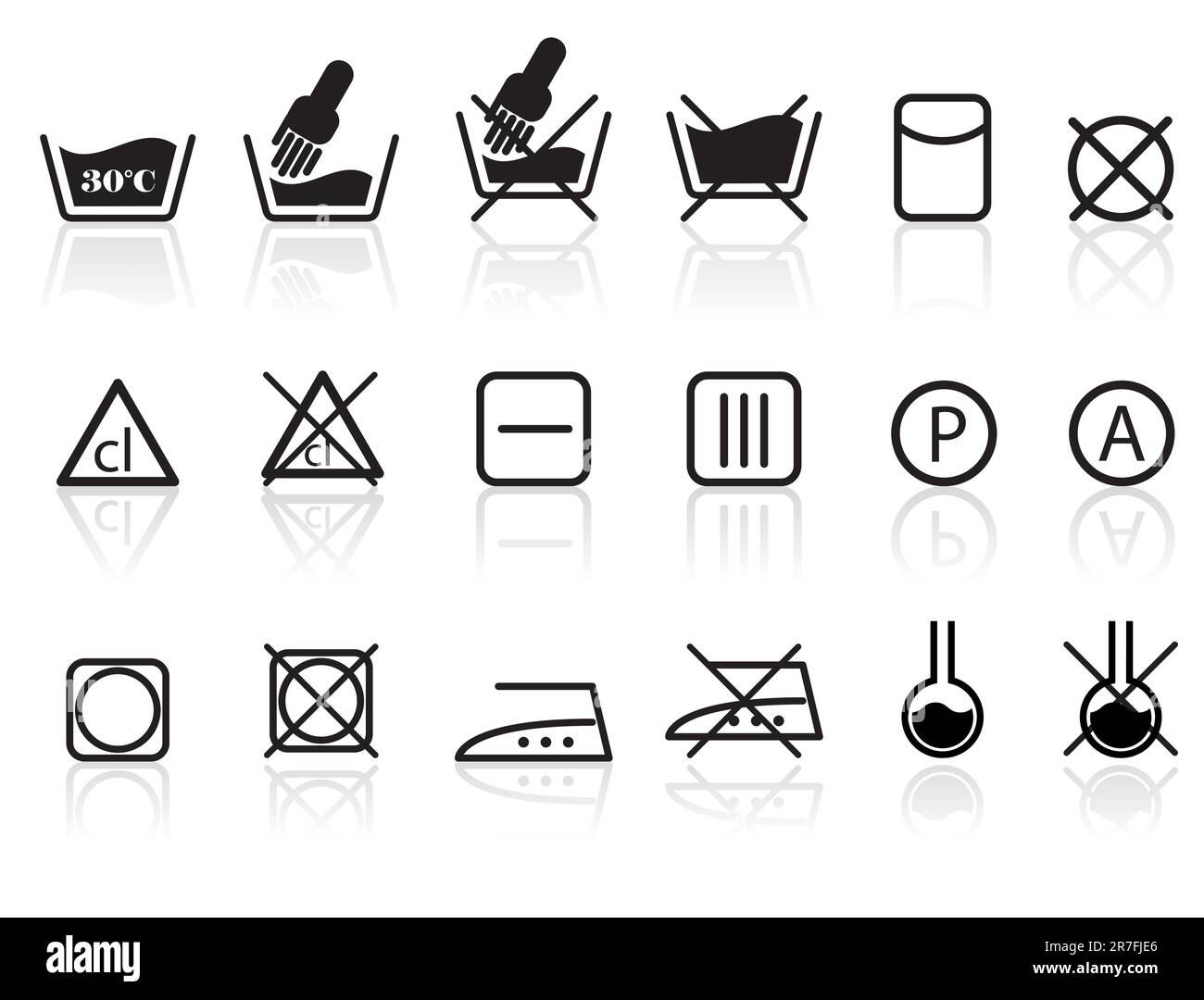 Wäsche- und Textilpflege Symbole - Vektor Icon Set Stock Vektor