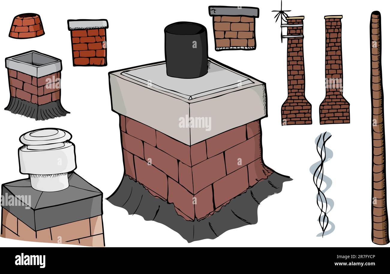 Neun verschiedene Abbildungen des Kamines mit Rauchstrom und Antennenversionen. Stock Vektor