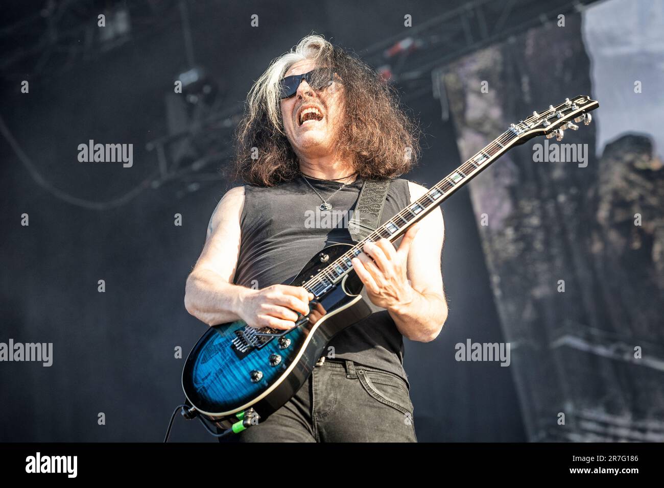 Solvesborg, Schweden. 07., Juni 2023. Die amerikanische Thrash Metal Band Testament tritt während des schwedischen Musikfestivals Sweden Rock Festival 2023 in Solvesborg auf. Hier wird der Gitarrist Alex Skolnick live auf der Bühne gesehen. (Foto: Gonzales Photo - Terje Dokken). Stockfoto