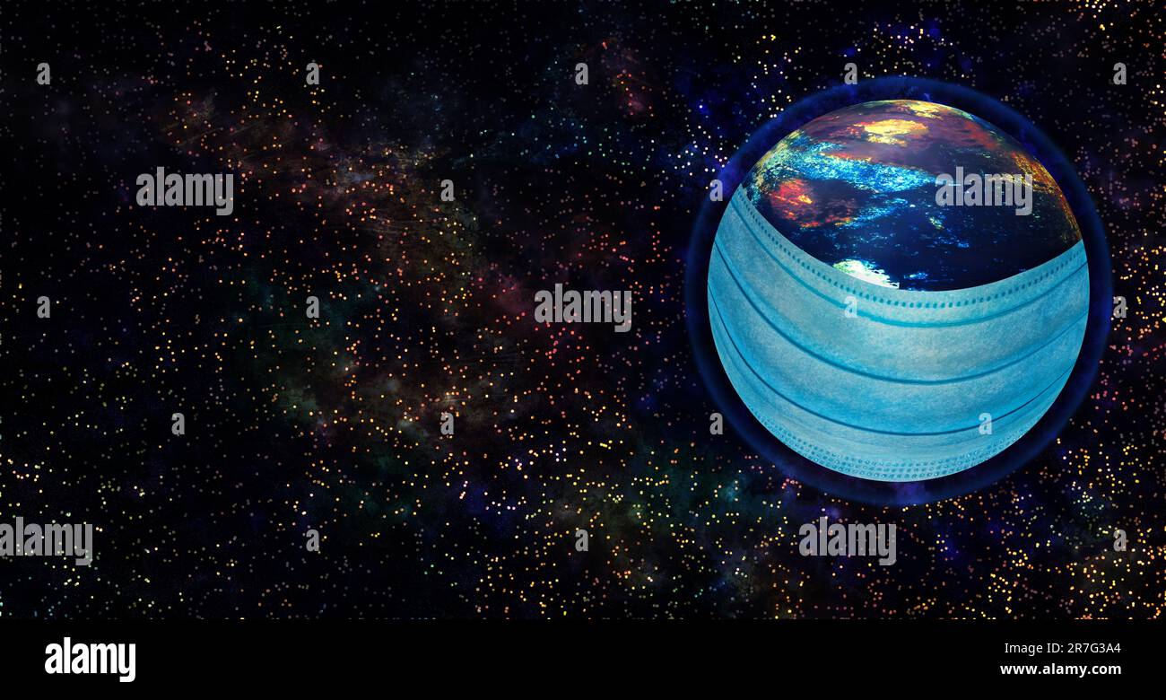 Weltmedizinisches Konzept. Planet Erde mit Schutzmaske. Verhindern Sie die Krankheit, indem Sie eine Maske tragen. Illustriert eine Pandemie oder Epidemie, wie z. B. die SPC Stockfoto