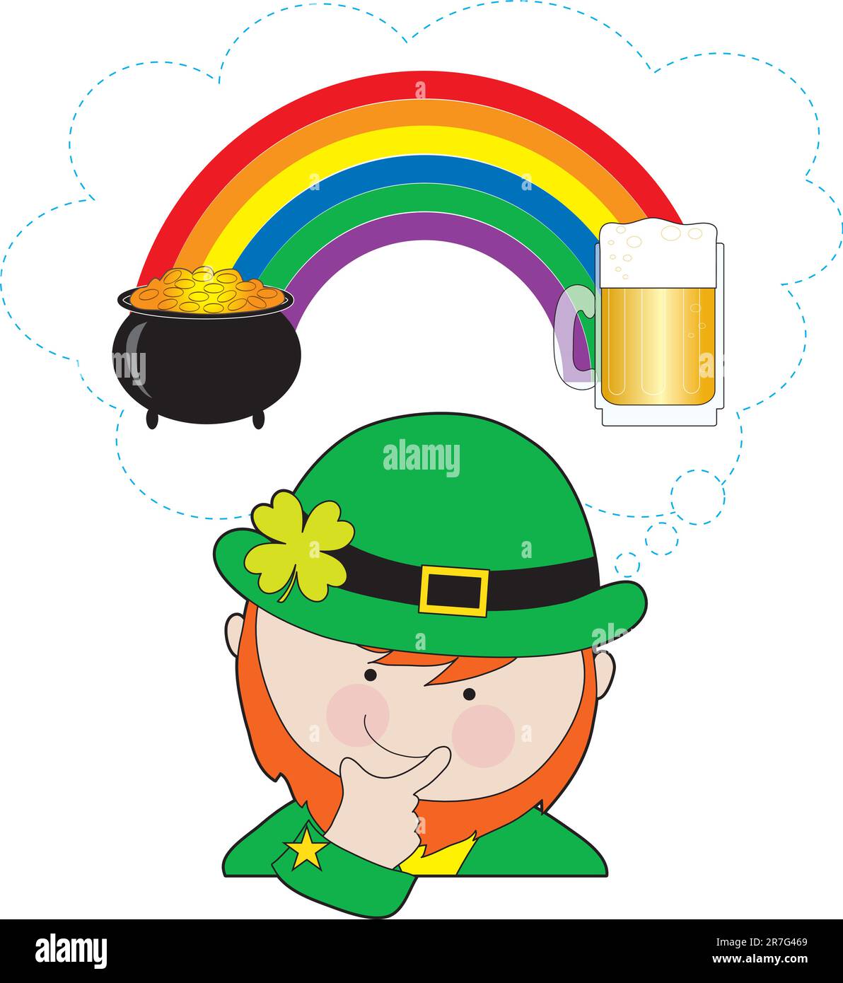 Ein Kobold denkt darüber nach, was sich am Ende des Regenbogens befindet - ein Topf Gold oder ein Becher Bier? Stock Vektor