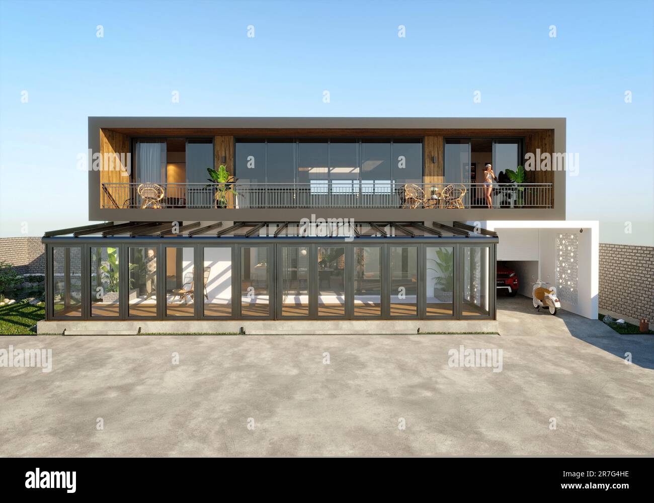 Luxuriöses Villa-Haus und Terrasse mit Pergola-Sonnenraum im Freien, 3D-Jahre-Rendering Stockfoto