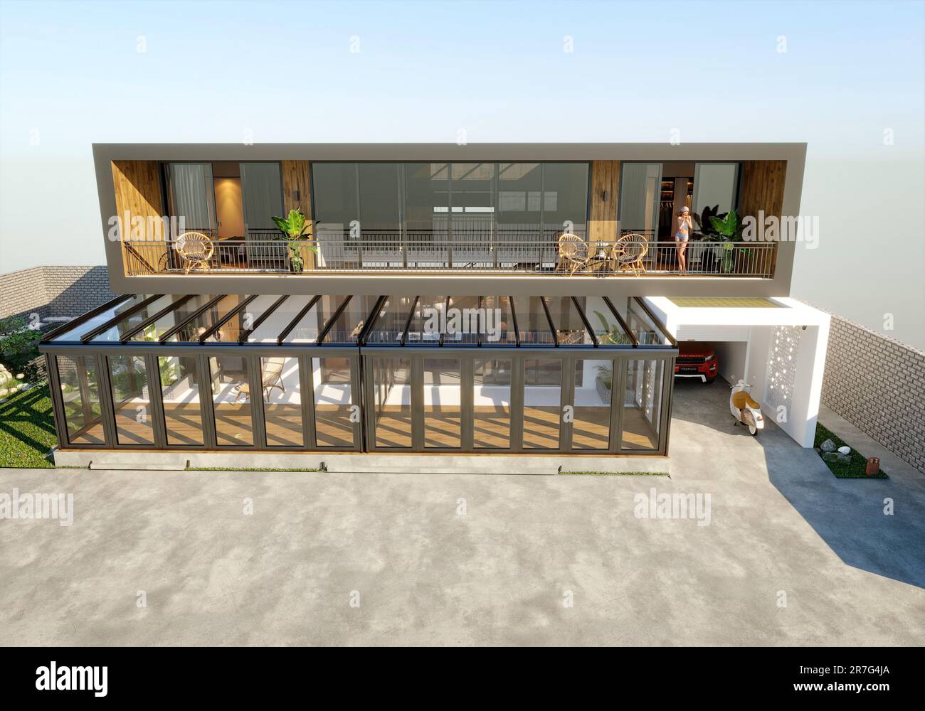 Luxuriöses Villa-Haus und Terrasse mit Pergola-Sonnenraum im Freien, 3D-Jahre-Rendering Stockfoto