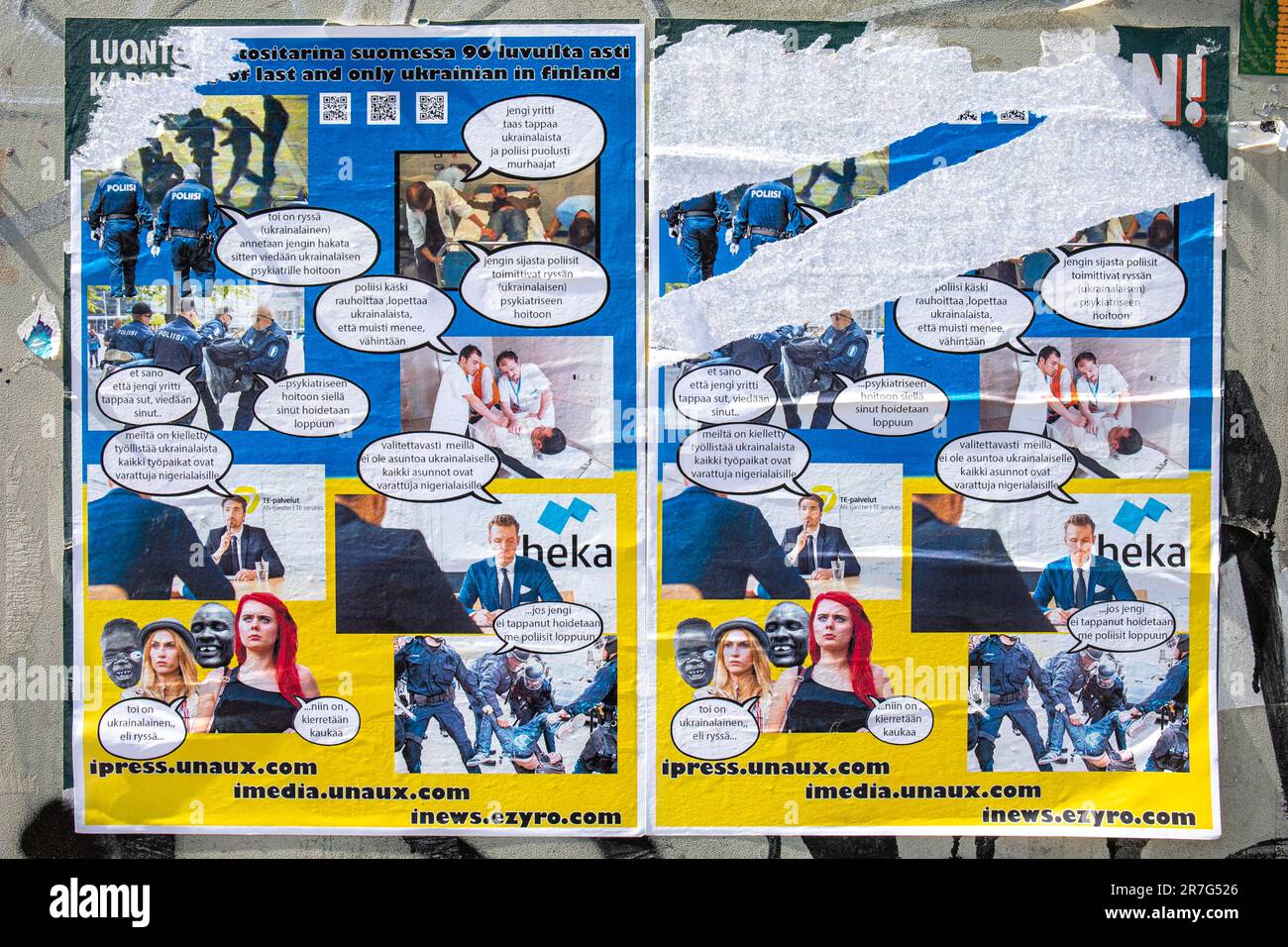 Verwirrende und rassistische russische Propagandaposter in Helsinki, Finnland Stockfoto