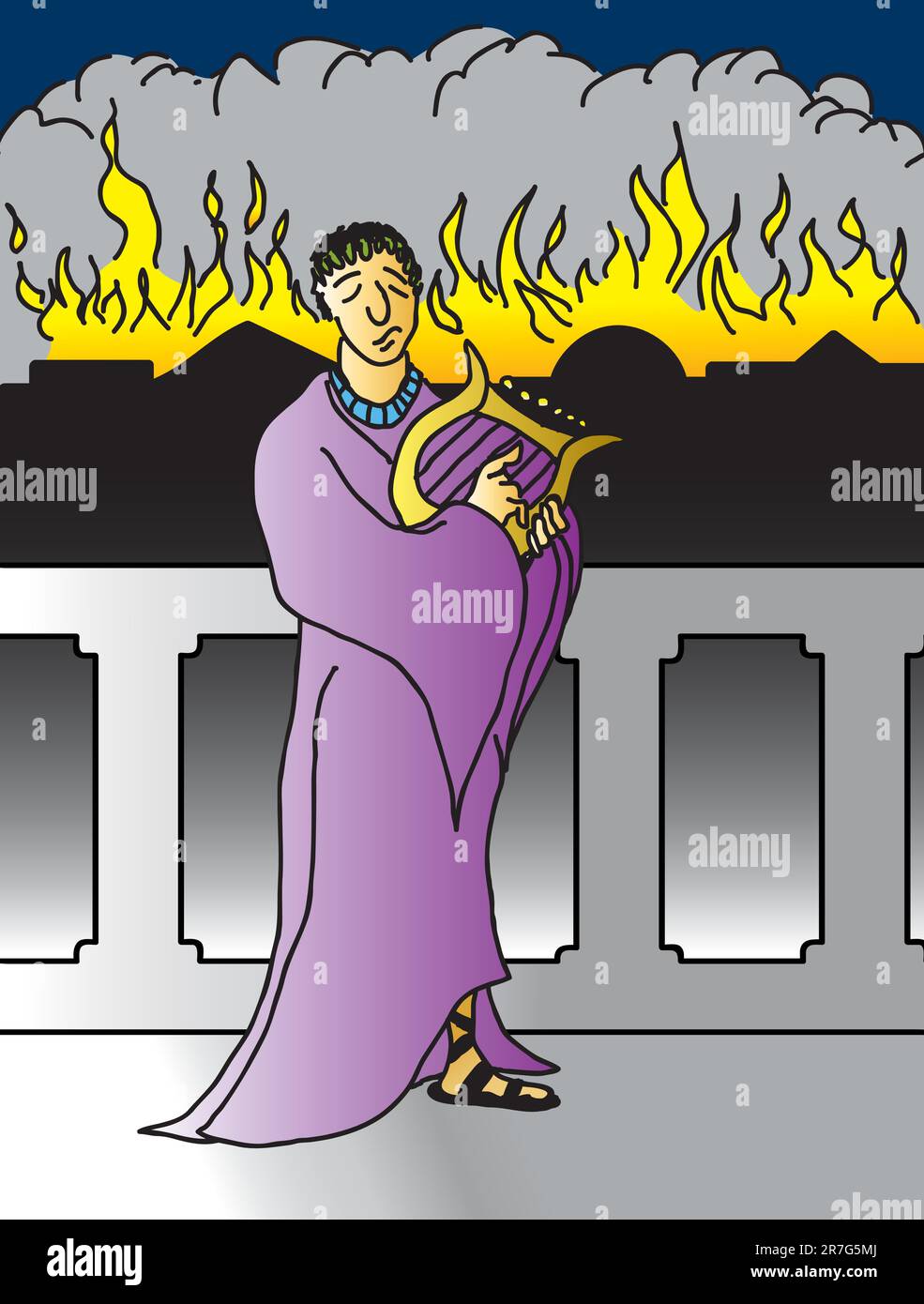 Eine Cartoon-Darstellung von Nero, der herumgeistert, während Rom brennt. Stock Vektor