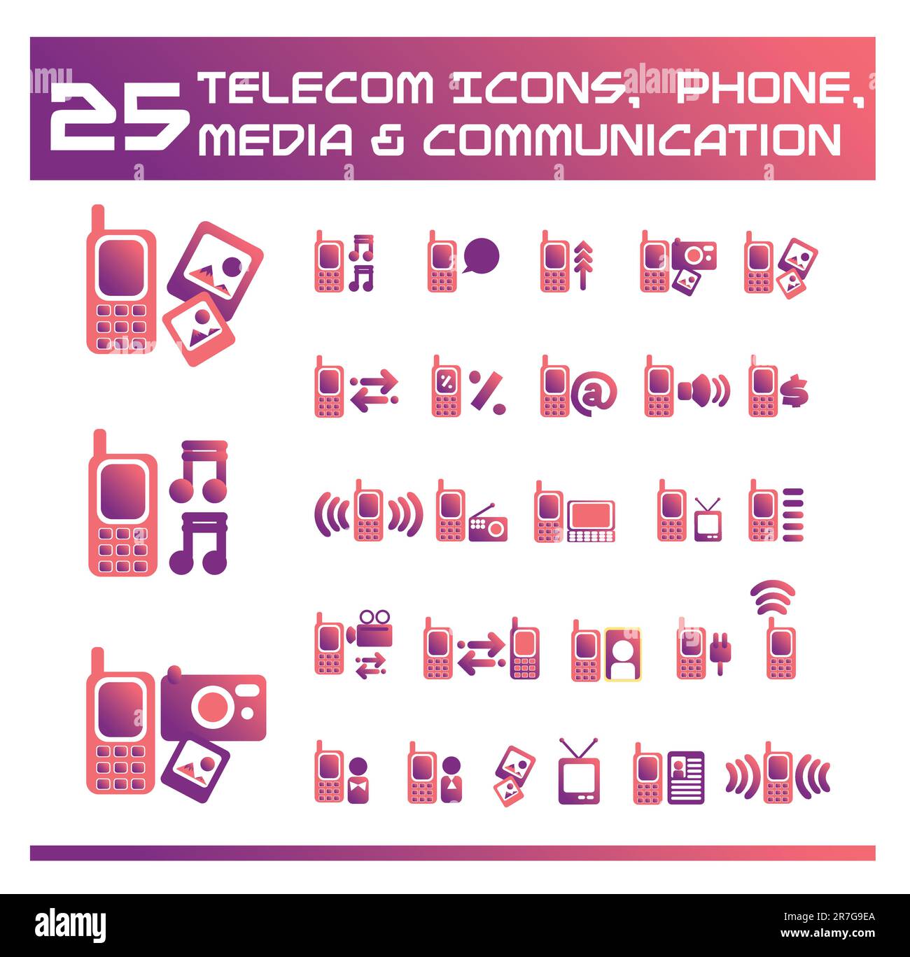 Symbole für Telekommunikation, Medien und Kommunikation. vektorsymbole für Webanwendungen. Telefon für Unternehmen, Büro, Internet, Schule und Bildung. Stock Vektor