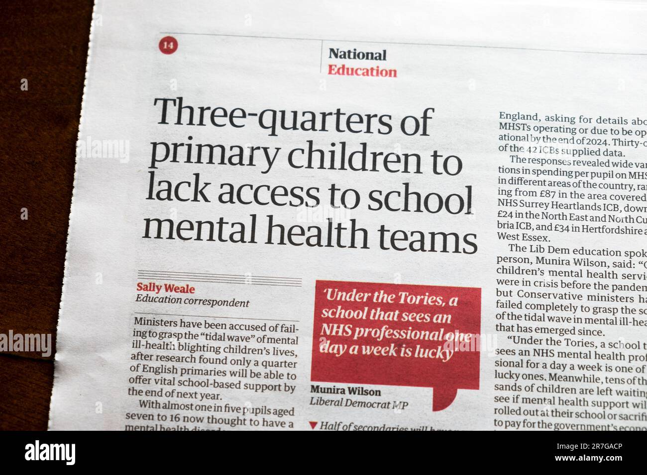 „Drei Viertel der Grundkinder haben keinen Zugang zu den Teams für psychische Gesundheit in der Schule“ Guardian Schlagzeile Artikel 10 Juni 2023 London England UK Stockfoto