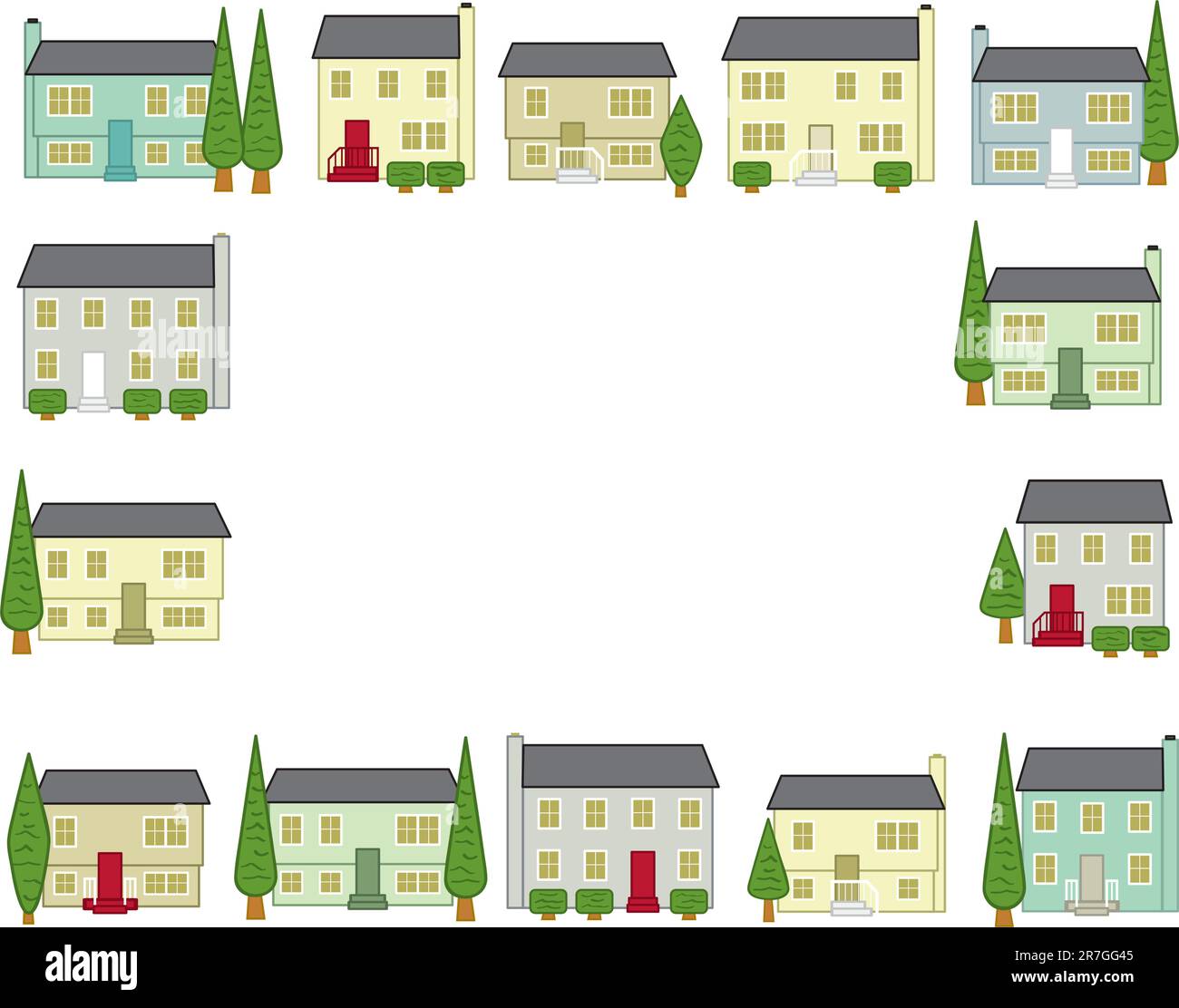 Stilisierte Häuser, die in typischen Plangemeinden in den Vereinigten Staaten zu finden sind. Stock Vektor