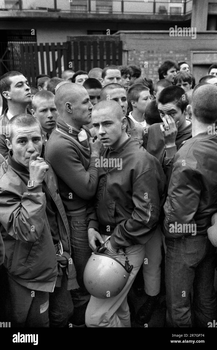 Skinheads tragen die Marke Bomber Jacken und Skinhead Frisuren, damit sie hart aussehen. Sie sind an der Front National, verteidigen unsere alten Räuber und marschieren durch Southwark. Southwark, South London England 1980er Jahre 1980. HOMER SYKES Stockfoto