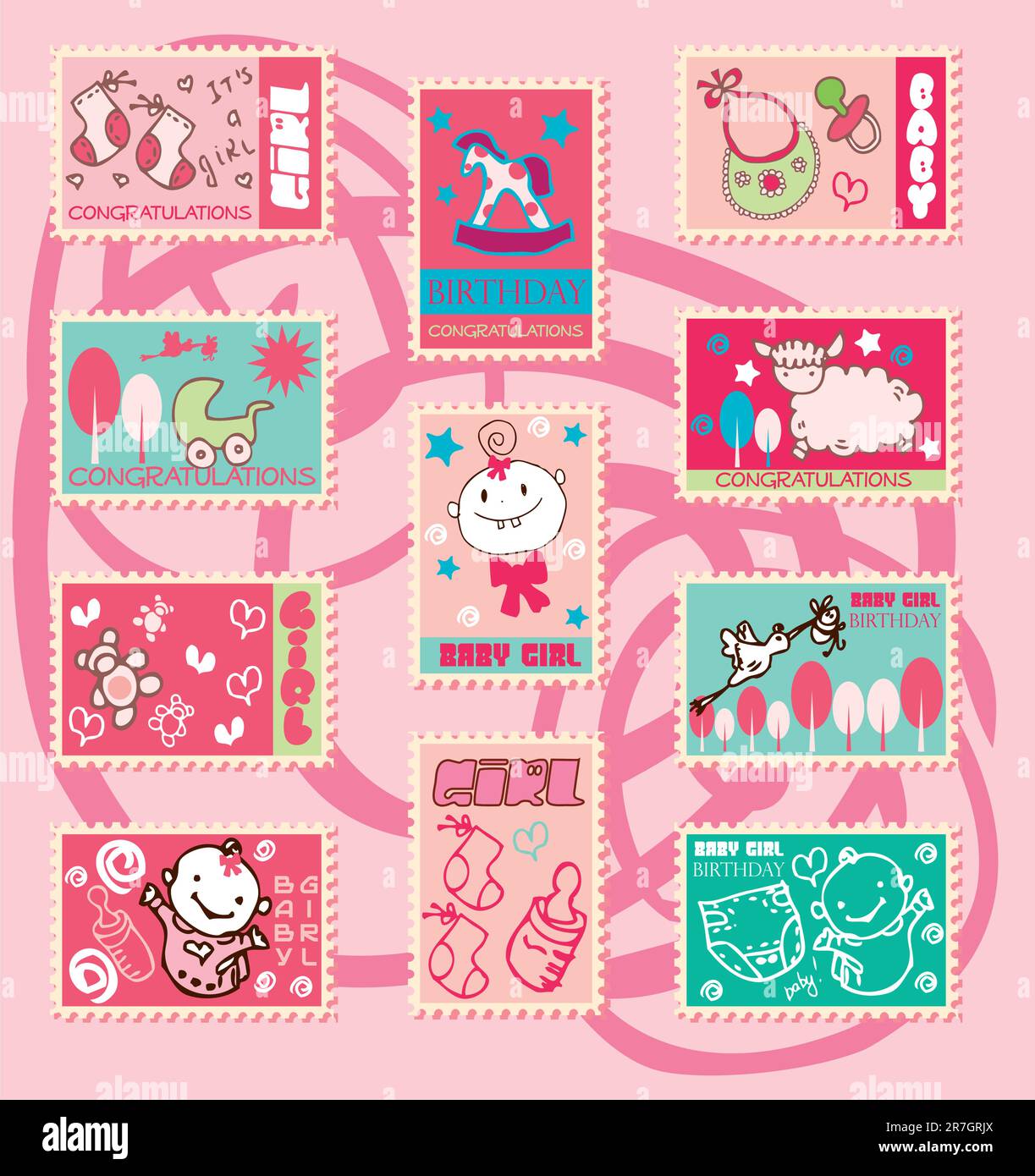 Baby-Mädchen Briefmarken Babysymbole Stock Vektor