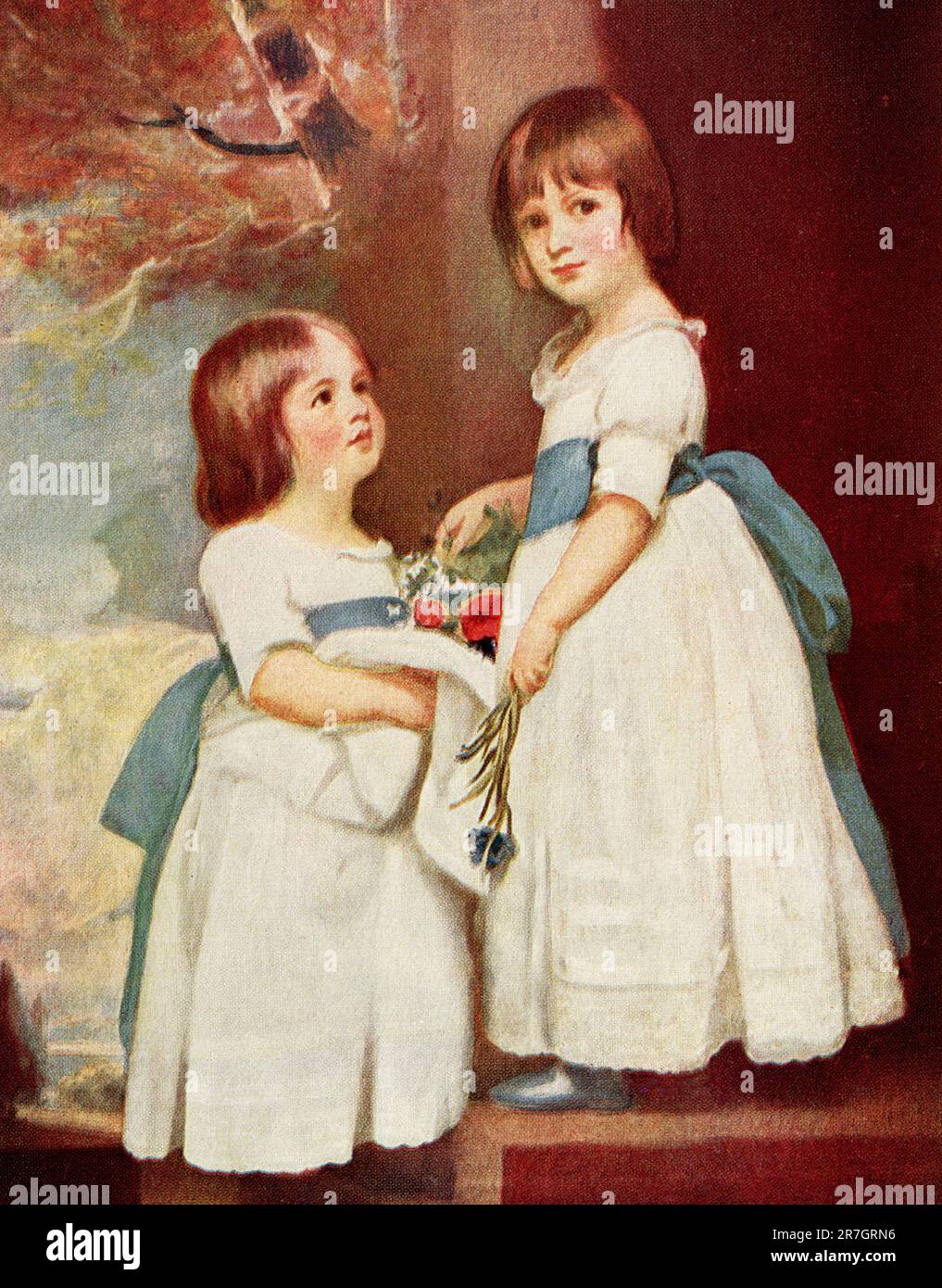 Die Überschrift Anfang 1900er lautet: "Die Horsley-Kinder von George Romney. Nur wenige Maler haben Romney in ihrem Ausdruck der Einfachheit und Naivität von Kindern konkurriert. Diese Porträts von Master George und Miss Charlotte Horsley sind ausgezeichnete Beispiele für seine Beherrschung einer kunstlosen Pose und für die Zurückhaltung seiner Farbe. Wie entzückend die Blumen gegen die weißen Kleider sprechen." George Romney (1734-1802) war ein englischer Porträtmaler. Er war der angesagteste Künstler seiner Zeit und malte viele führende Persönlichkeiten der Gesellschaft – darunter seine künstlerische Muse Emma Hamilton, Geliebte von Lord Nelson. Stockfoto