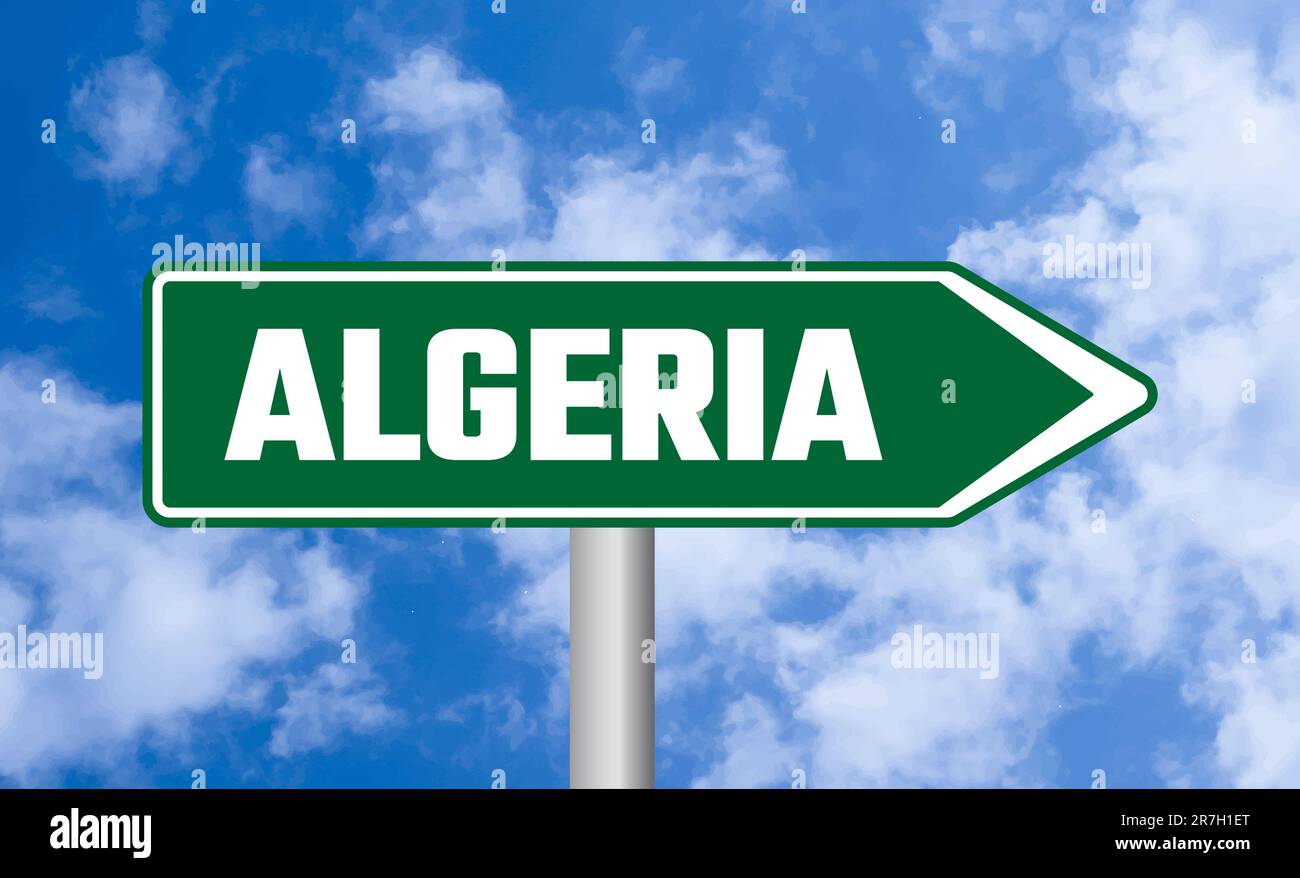 Straßenschild Algerien am Himmel Stockfoto
