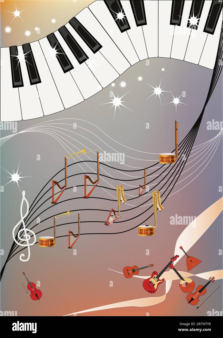 Musikmuster mit Klaviertastatur und Noten aus verschiedenen Musikinstrumenten. Stock Vektor