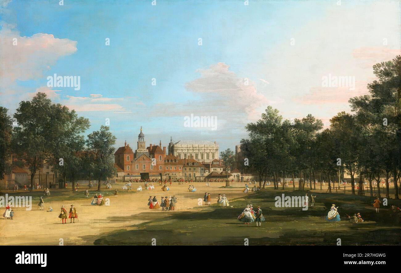 London, Blick auf die Old Horse Guards und die Banqueting Hall, Whitehall von St. James' Park, gemalt vom venezianischen Maler Giovanni Antonio Canal, weithin bekannt als Canaletto. Stockfoto