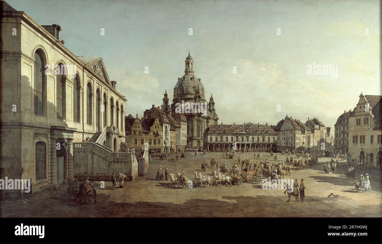 Blick auf den Neumarkt in Dresden vom Jüdenhofe, gemalt vom venezianischen Maler Giovanni Antonio Canal, allgemein bekannt als Canaletto, im Jahr 1749. Stockfoto Blick auf den Neumarkt in Dresden vom Jüdenhofe, gemalt vom venezianischen Maler Giovanni Antonio Canal, allgemein bekannt als Canaletto, im Jahr 1749. Stockfoto
