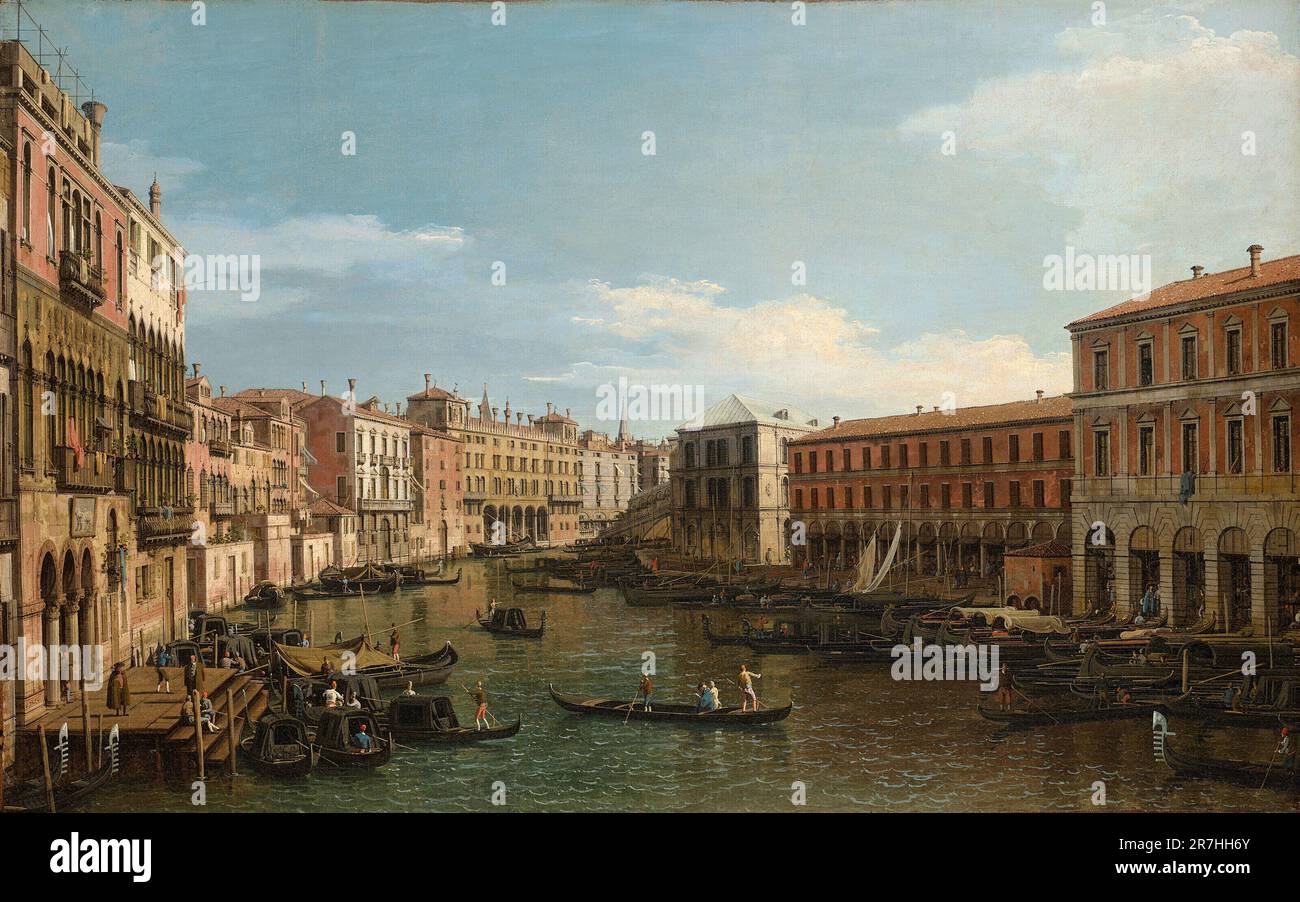 Der Canale Grande, Venedig, mit Blick nach Süden auf die Rialto-Brücke, gemalt vom venezianischen Maler Giovanni Antonio Canal, allgemein bekannt als Canaletto, in den 1730er Jahren Stockfoto Der Canale Grande, Venedig, mit Blick nach Süden auf die Rialto-Brücke, gemalt vom venezianischen Maler Giovanni Antonio Canal, allgemein bekannt als Canaletto, in den 1730er Jahren Stockfoto