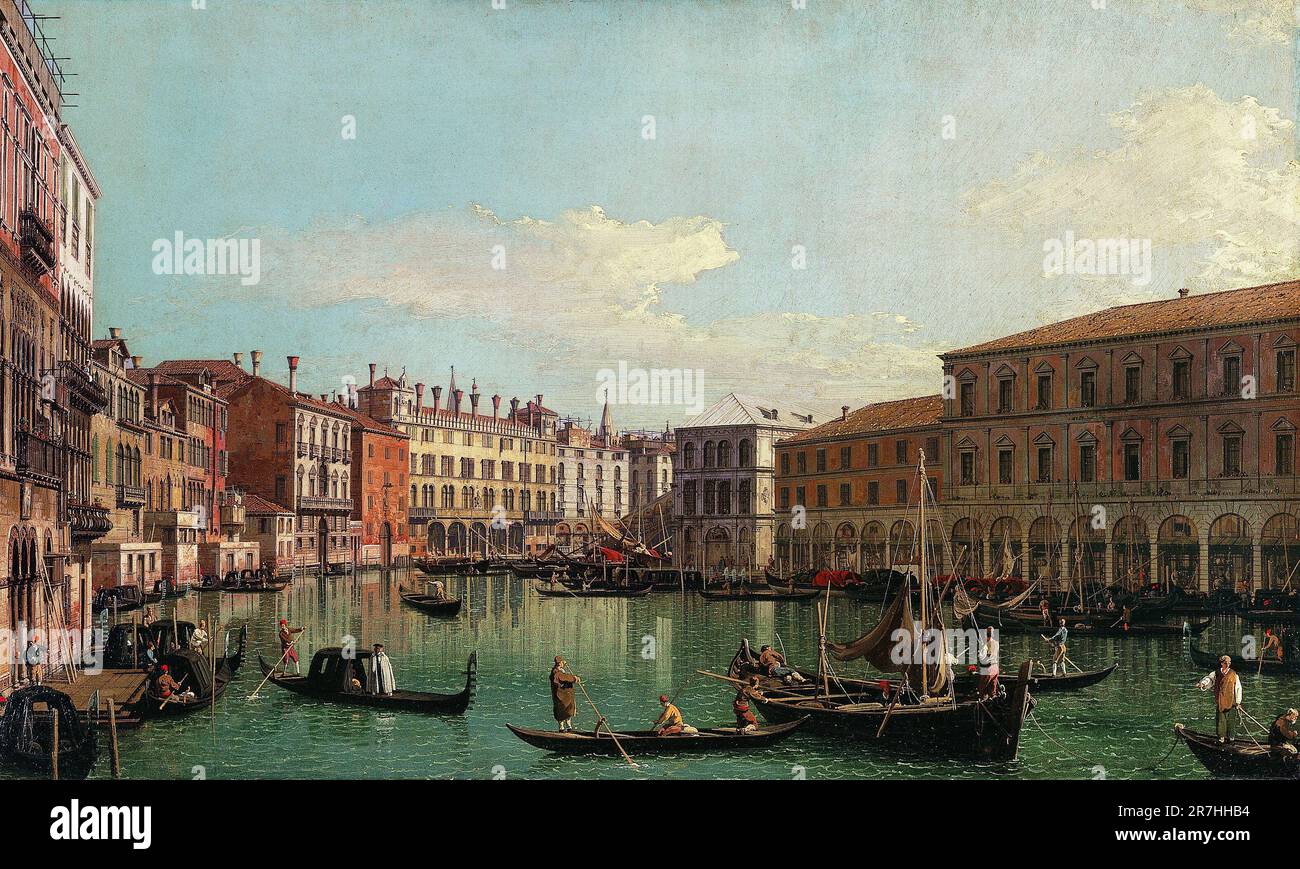 Der Canale Grande, Venedig, mit Blick nach Süden auf die Rialto-Brücke, gemalt vom venezianischen Maler Giovanni Antonio Canal, allgemein bekannt als Canaletto, in den 1730er Jahren Stockfoto Der Canale Grande, Venedig, mit Blick nach Süden auf die Rialto-Brücke, gemalt vom venezianischen Maler Giovanni Antonio Canal, allgemein bekannt als Canaletto, in den 1730er Jahren Stockfoto