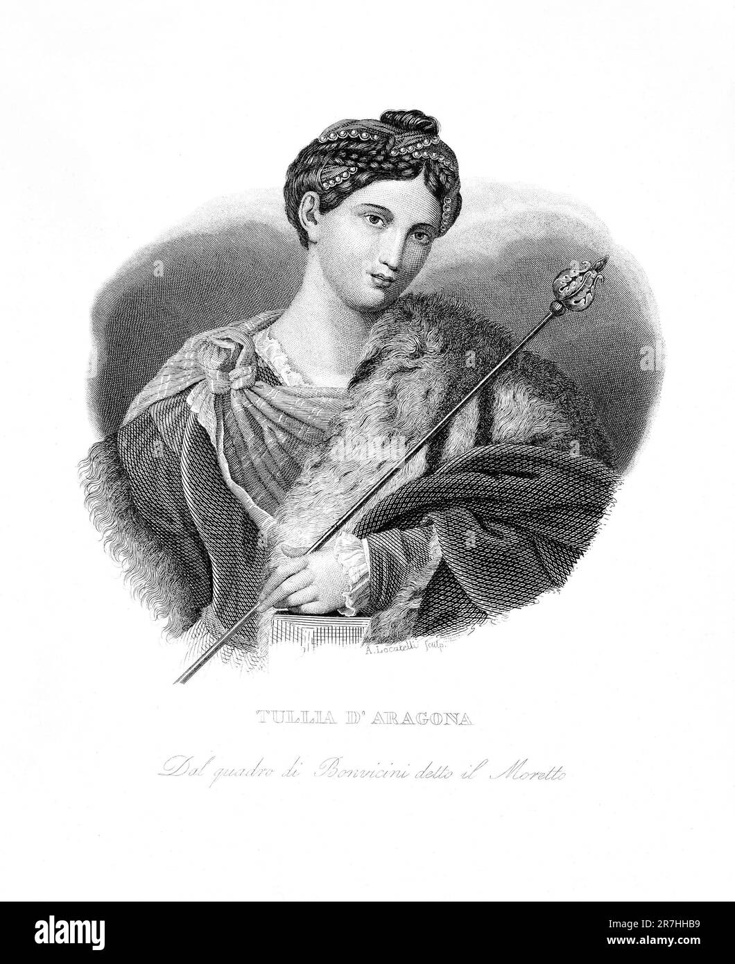 1530 Ca , Rom , ITALIEN : die gefeierte italienische Dichterin UND Schriftstellerin TULLIA D'ARAGONA ( 1510 c - 1556 ) , Schriftstellerin des Werks " Dialogo della infinità d'amore " ( 1547 ) . Porträt, eingraviert von Antonio Locatelli im Jahr 1837 , aus dem Originalkunstwerk von Alessandro Bonvicini alias IL MORETTO ( 1492 c. - 1554 ) , veröffentlicht im Buch " Calcografia in Iconografia italiana degli uomini e delle donne celebri : Dall'epoca del risorgimento delle scienze e delle arti fino ai nostri giorni ' von Antonio Locatelli , 1837 , Milano .- POETA - POETESSA - Scrittore - Writer - letterato - letteratura - Literatur - lette Stockfoto