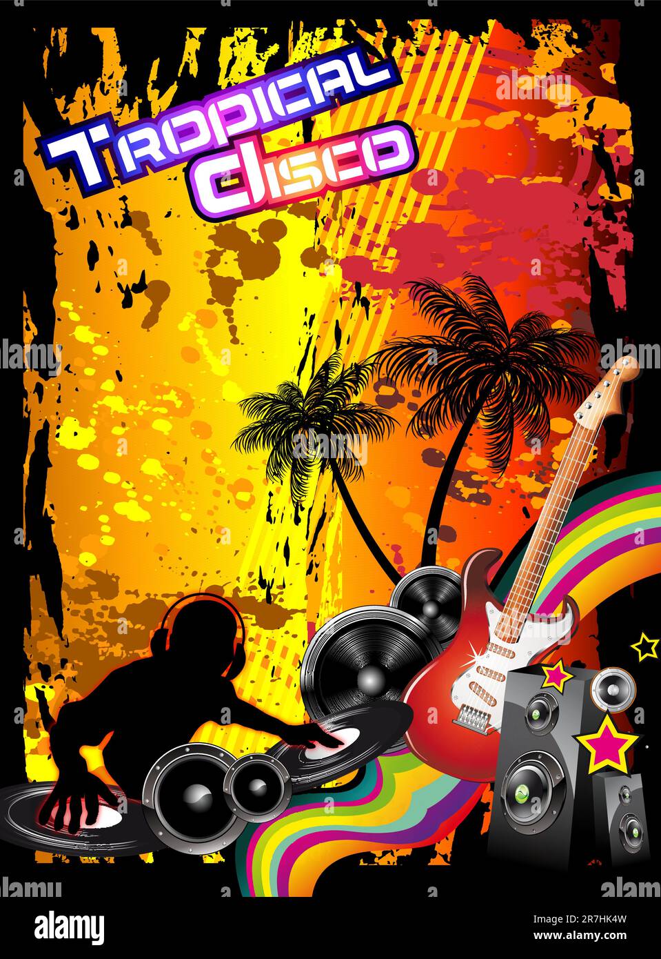 Tropische Musik Event Disco Flyer mit Regenbogenfarben Stock Vektor