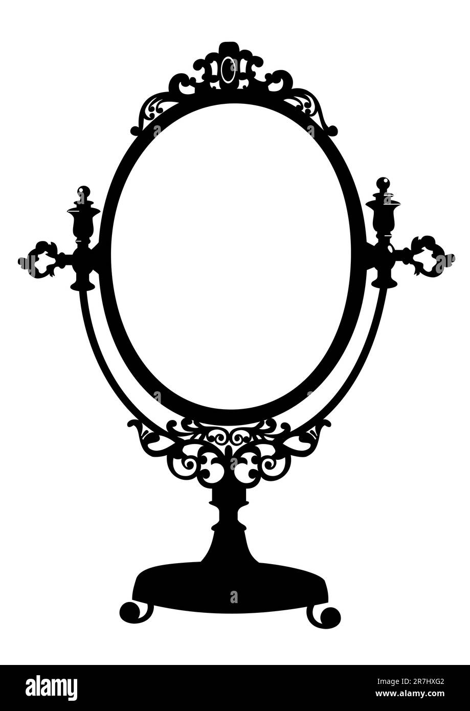Silhouette des ovalen Retro-Kosmetikspiegels. Vektordarstellung auf weiß isoliert. Stock Vektor