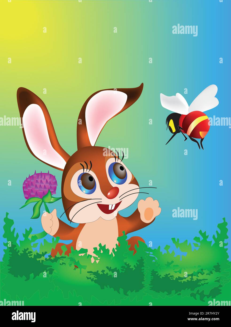 Hase mit Blume auf dem grünen Land und Biene Stock Vektor