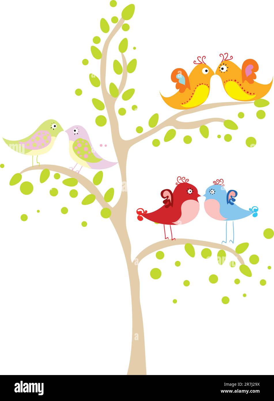 Drei liebende bunte Vögel auf dem Baum Stock Vektor