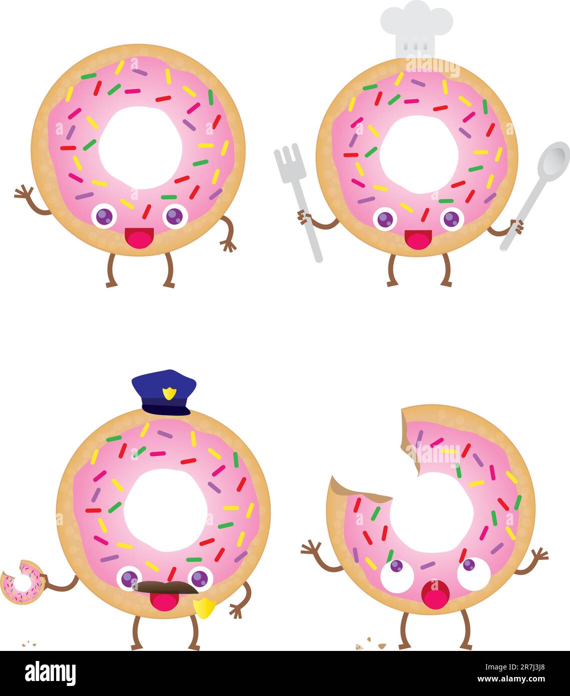 4 niedliche Donuts. Ein einfacher Donut, ein Koch-Donut, ein Polizist-Donut und ein Donut, bei dem ein Biss fehlt. Alles im skalierbaren .eps-Format! Stock Vektor