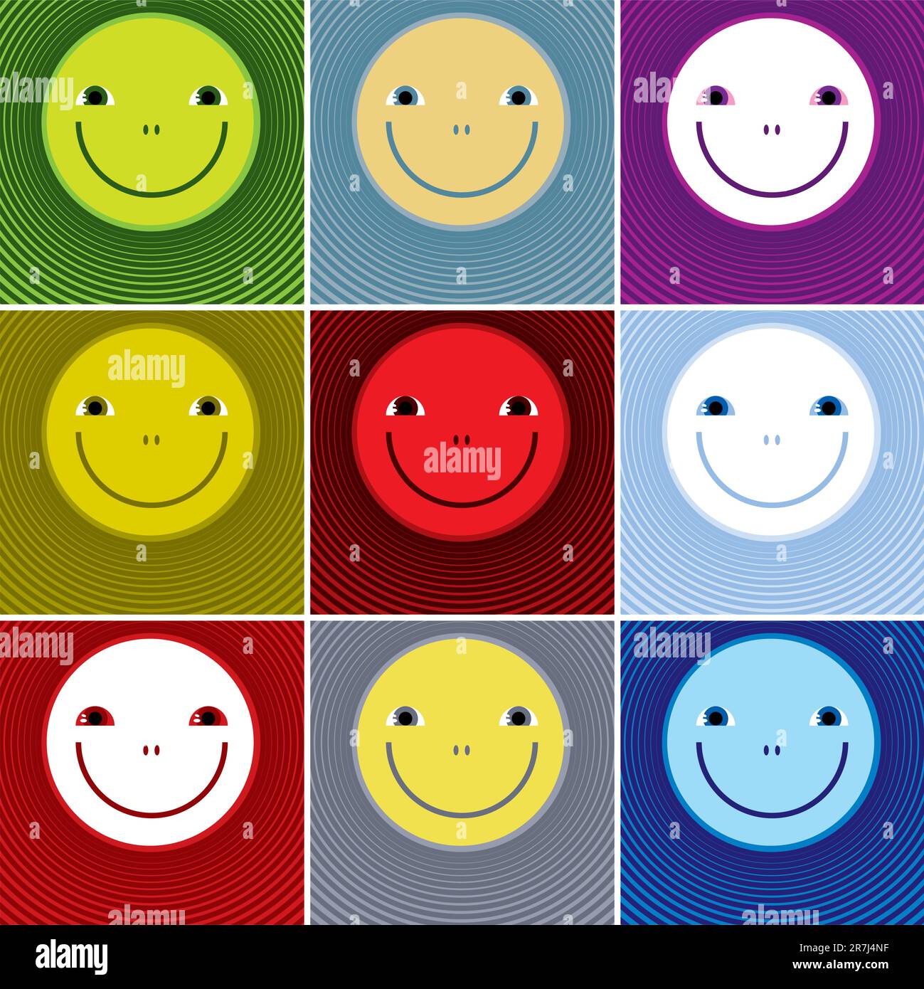 Smiley-Gesichter-Symbole. Satz von Lächelsymbolen in verschiedenen Farben mit Ringen. Stock Vektor