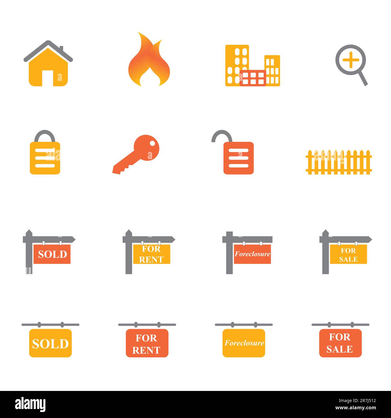 Immobiliensymbole und Symbole in Orange- und Gelbtönen Stock Vektor