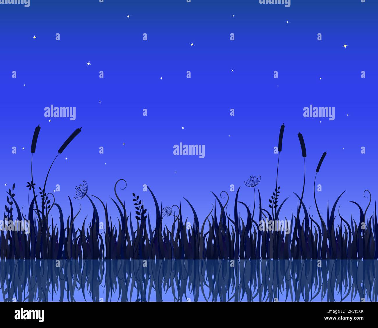 Vektor-Illustration von See-Nacht-Szene mit Grass Silhouette Stock Vektor
