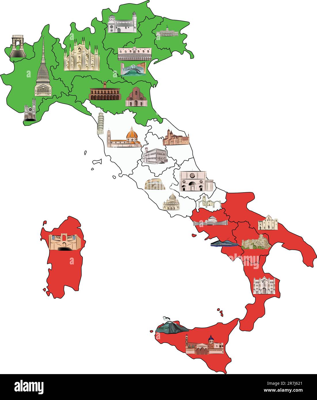 Karte von Italien, unterteilt nach Regionen mit den berühmtesten Sehenswürdigkeiten in jeder. Bilder im Aquarellstil gezeichnet. Vektordarstellung. Stock Vektor