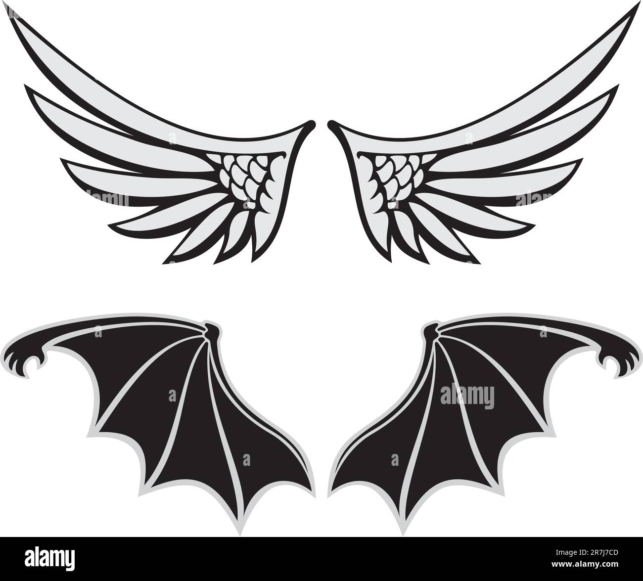 Symmetrische flügelförmige Designelemente auf weißem Hintergrund, Engel- und Teufelsflügel. Stock Vektor