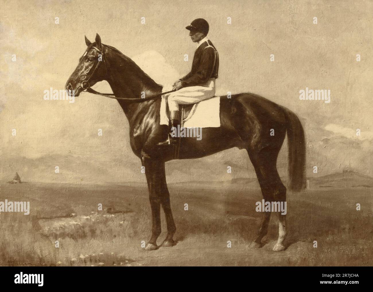 Jockey, der ein englisches, dreibeiniges Pferd besteigt, gemalt von einem unbekannten Künstler, 1910er Stockfoto