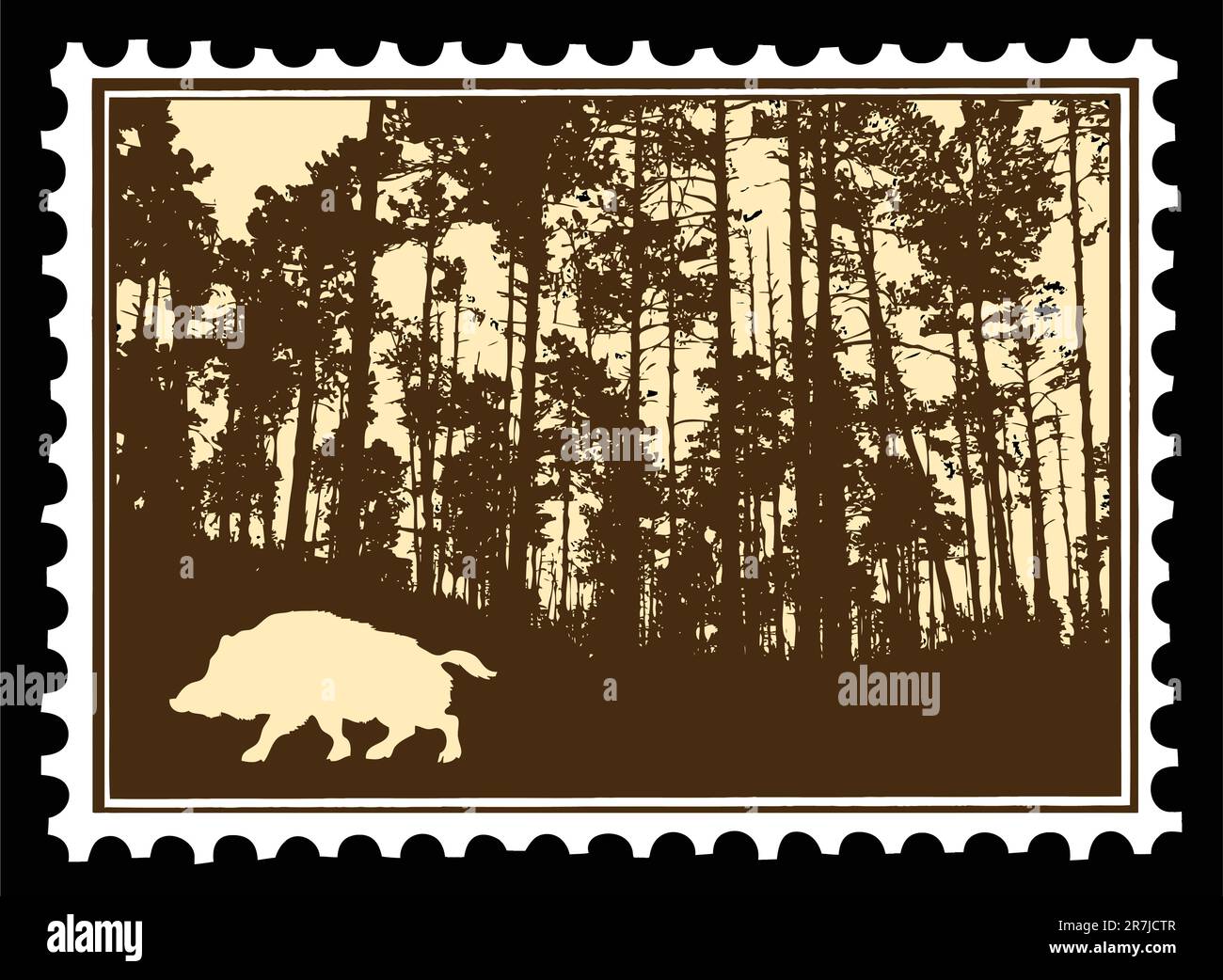 Vektor-Silhouette des Wildschweins in Holz auf Briefmarken Stock Vektor
