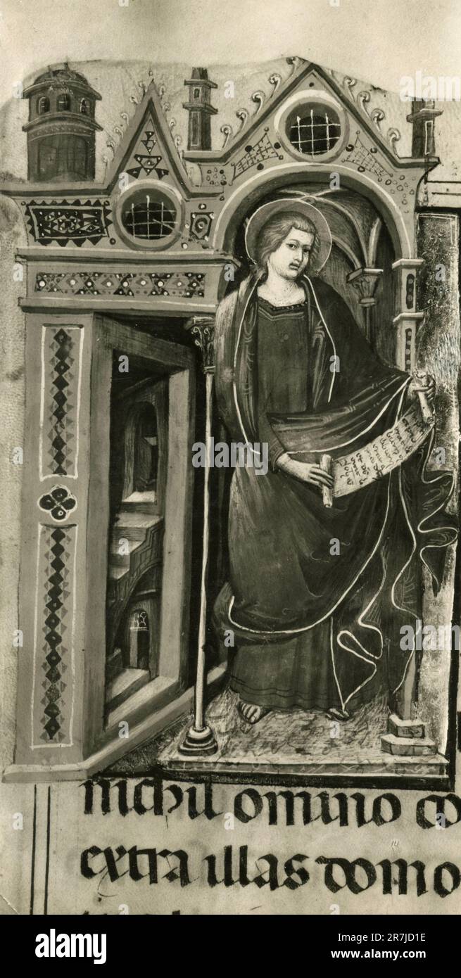 Religiöses Fresko mit unidentifiziertem heiligen mit Pergament und lateinischer Inschrift, Italien 1900er Stockfoto