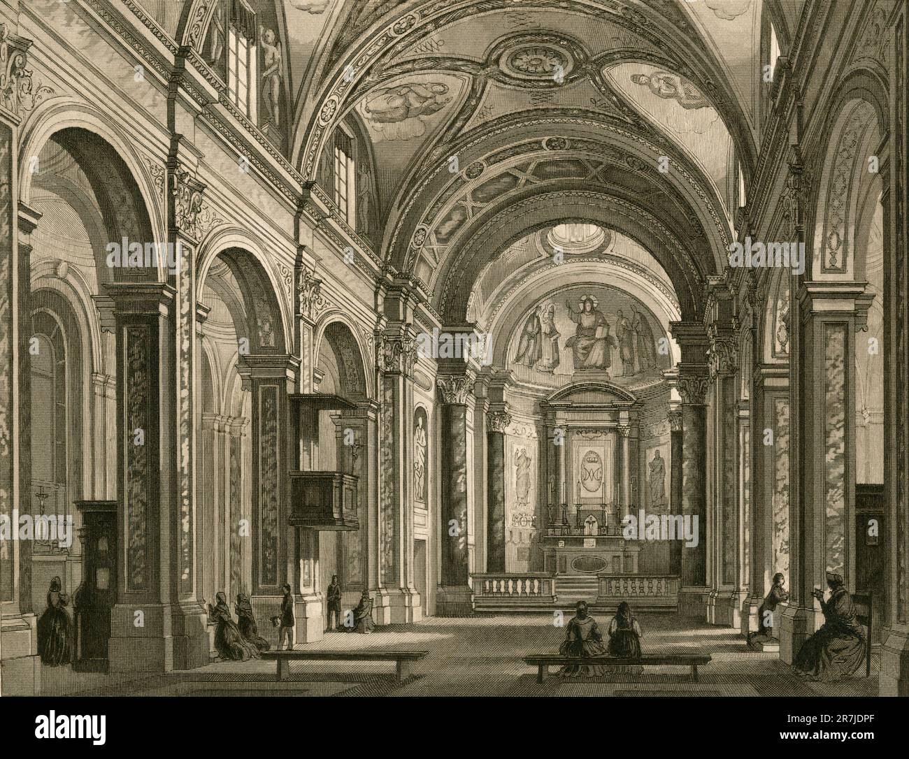 Innenansicht der restaurierten Kirche Santa Maria in Monticelli, Gravur, Rom, Italien 1800er Stockfoto