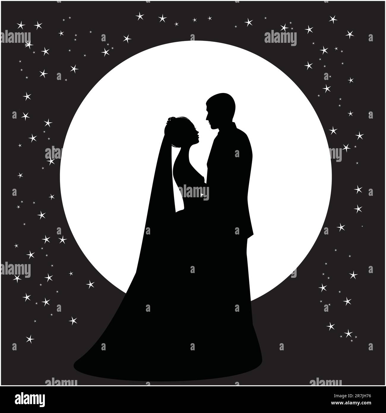 Silhouette eines tanzenden Paares, das vor dem Hintergrund des Mondes und des Himmels heiratet Stock Vektor