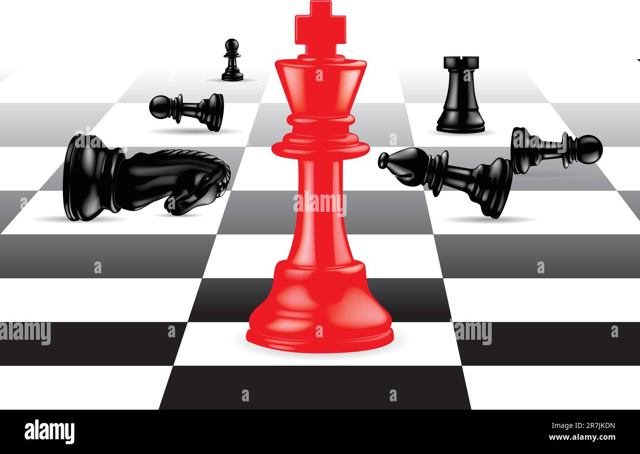 Der rote König hebt sich gegen schwarze Schachfiguren ab Stock Vektor