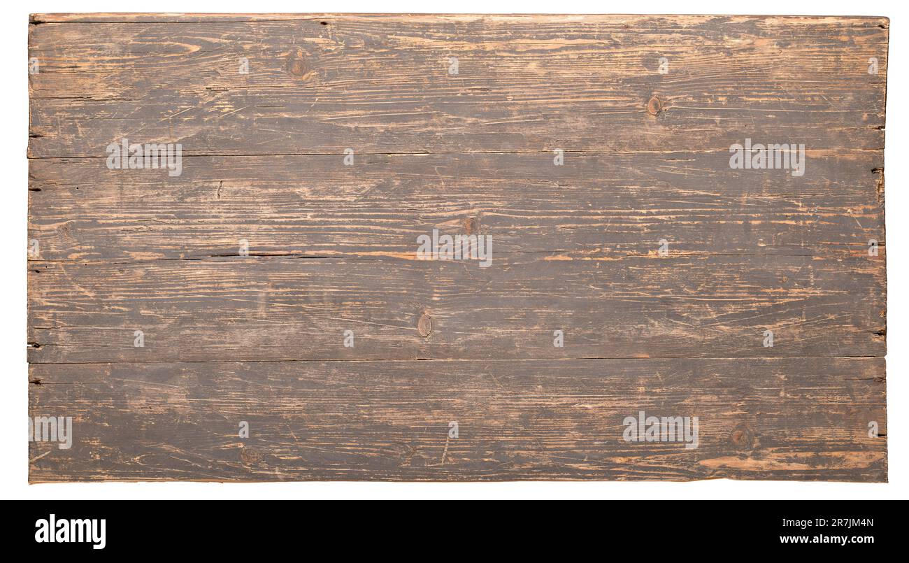 Holzstruktur, alter Tisch isoliert auf weißem Hintergrund Stockfoto