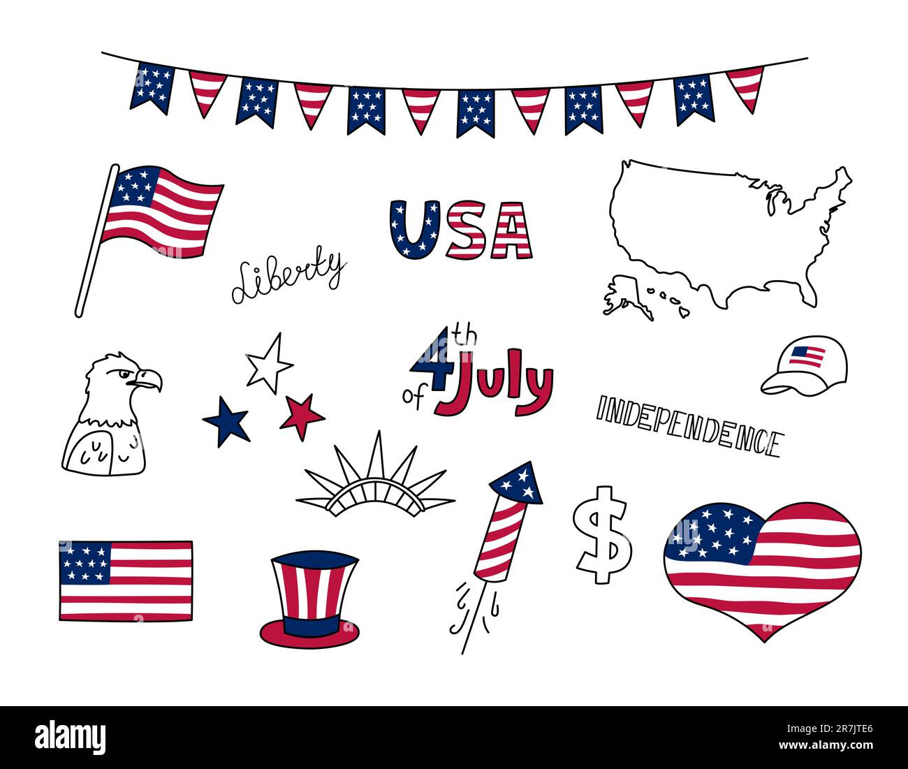 USA-Spielset. Vektorelemente der Vereinigten Staaten von Amerika isoliert auf weißem Hintergrund. Sammlung nationaler US-Symbole. Unabhängigkeitstag. Am Stock Vektor