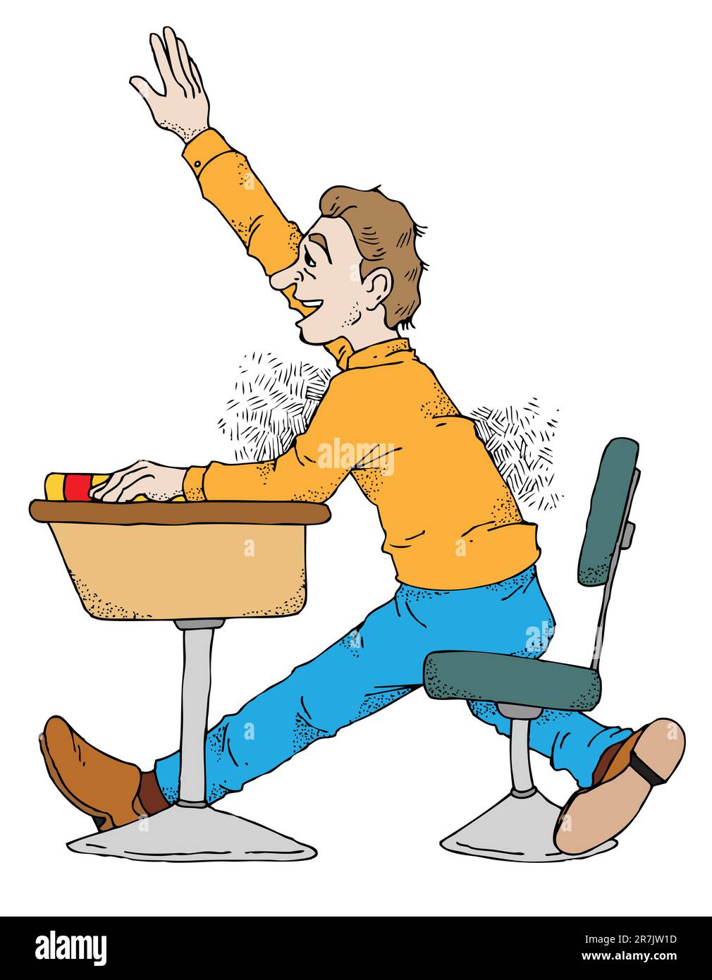 Illustration eines Schülers, der im Unterricht die Hand hebt. Stock Vektor
