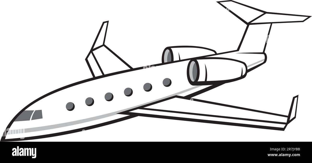 Abbildung eines fliegenden Geschäftsjets, isoliert auf weißem Hintergrund. Seitenansicht von oben. Stock Vektor