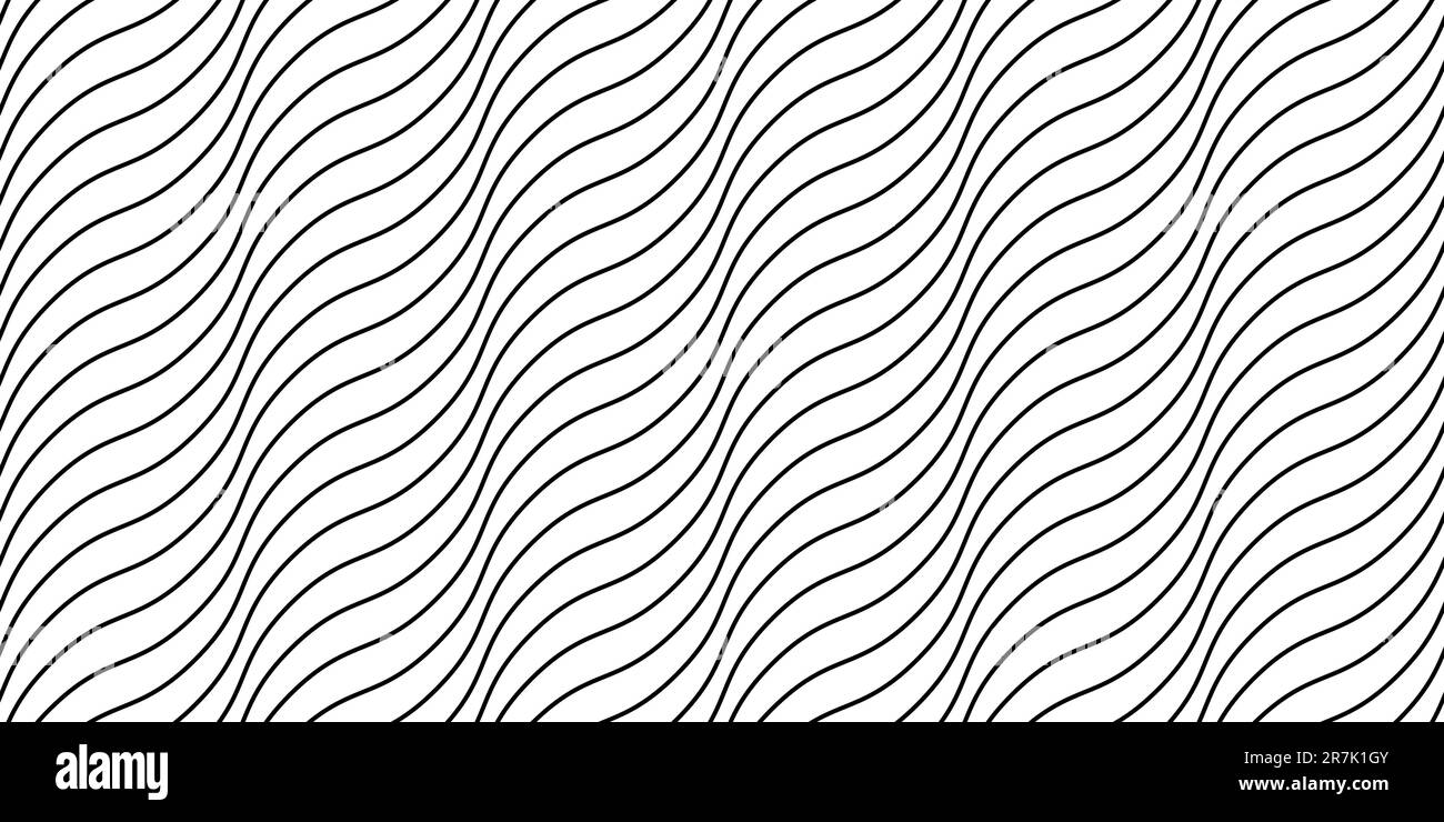Wellenlinien nahtloses Muster. Schwarz-weiße, wellige Streifen mit sich wiederholendem Hintergrund. Diagonale Wellenstruktur. Einfache, gekrümmte, lineare Tapete. Designvorlage für Textil und Stoff. Vektor Stock Vektor