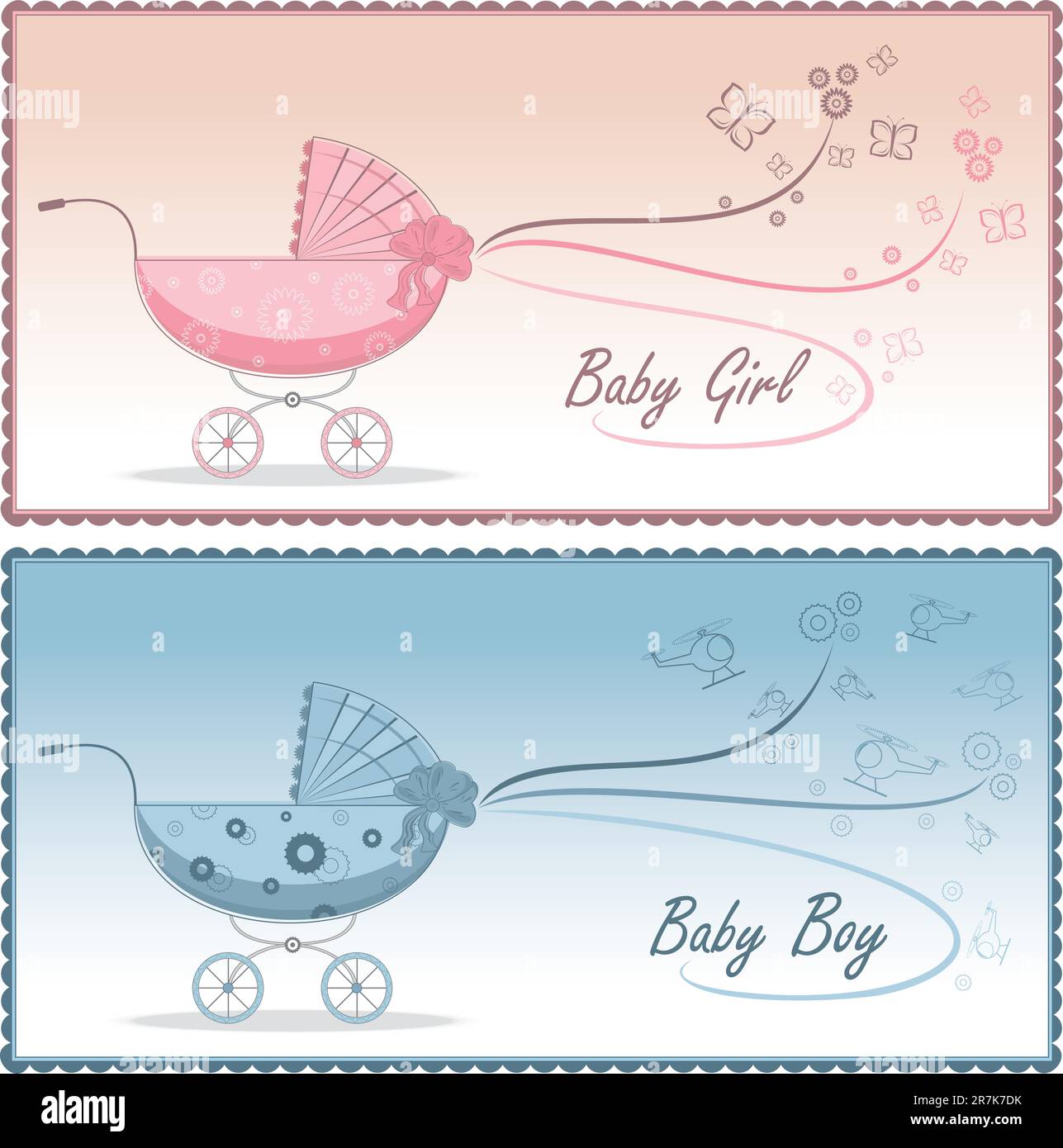 Pinke und blaue Kinderwagen für Mädchen und Jungen. Vektordarstellung. Stock Vektor