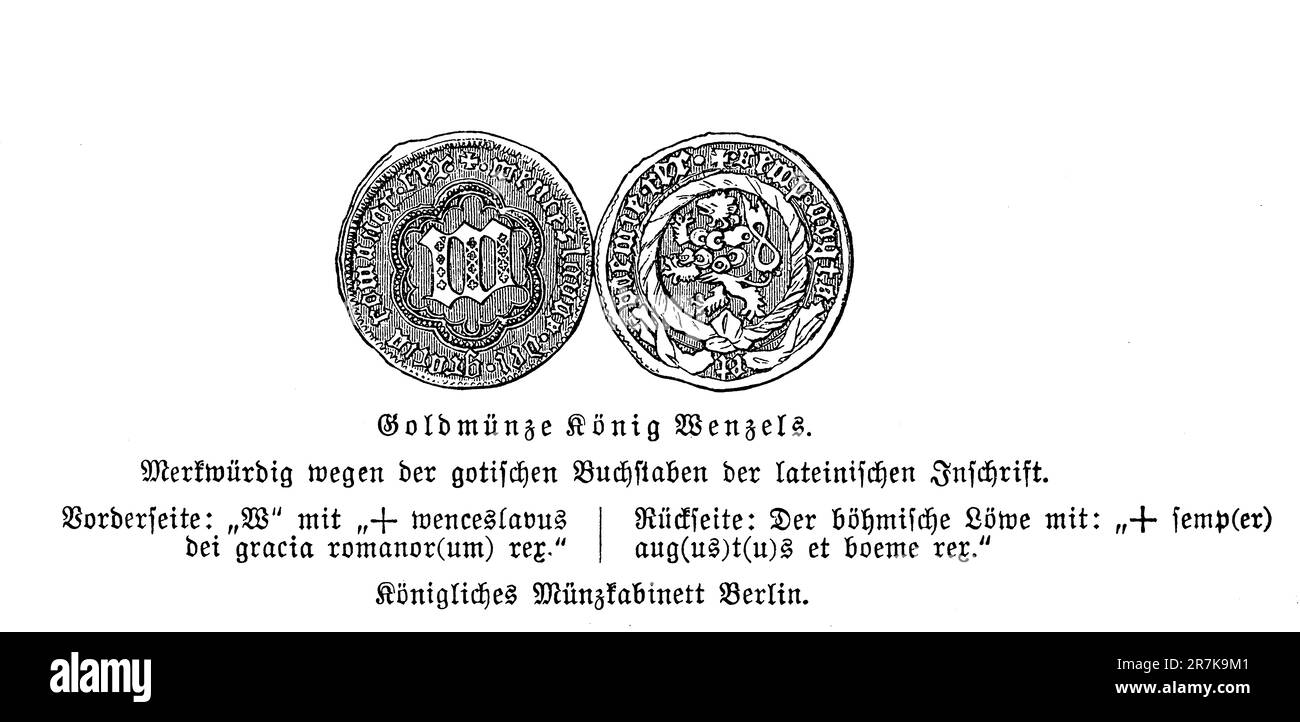 Goldene Münze des Wenzelkönigs von Böhmen und als Karl IV. Heiliger römischer Kaiser (14. Jahrhundert), Stockfoto