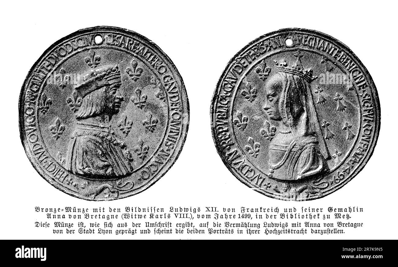 Bronzemünze mit Porträts von Ludwig XII. König von Frankreich und seiner Frau Anne von Bretagne (15. Jahrhundert) Stockfoto