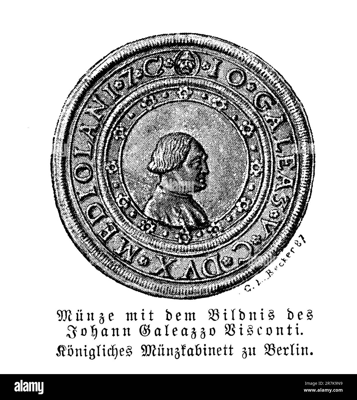 Münze den Kopf von Gian Galeazzo Visconti (14. Zentur), dem ersten Herzog von Mailand und Herrscher eines großen Teils des mittelalterlichen Nordens Italiens bis zum Anbruch der Renaissance. Stockfoto