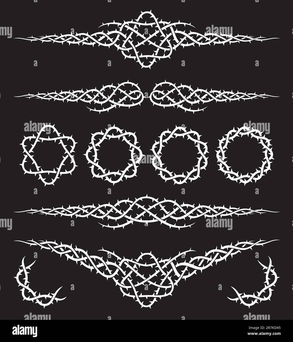 Tribal-weiße Designelemente mit Dornen auf schwarzem Hintergrund. Stock Vektor