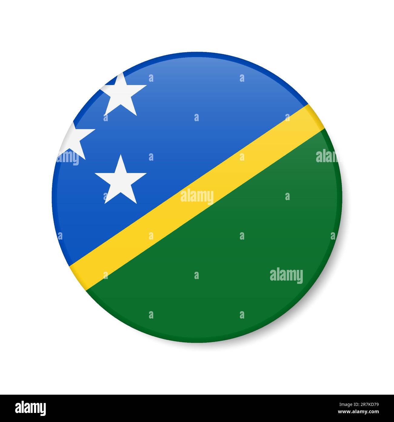 Symbol für die Schaltfläche „Salomon Islands“ (Salomonen). Melanesien Runde Abzeichen-Flagge mit Schatten. Realistische 3D-Vektordarstellung auf Weiß isoliert. Stock Vektor